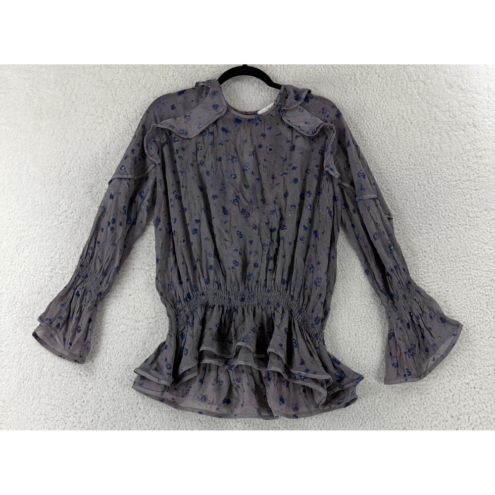 IRO July Ruffled Georgette Shirt Womens‎ Medium (38) Gray Floral Long Sleeve
